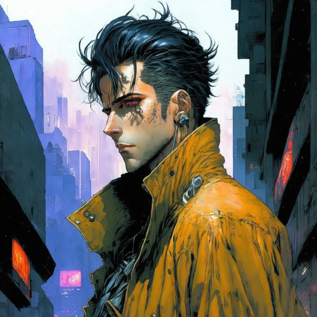 Futuristic cityscape with a solitary, mysterious figure