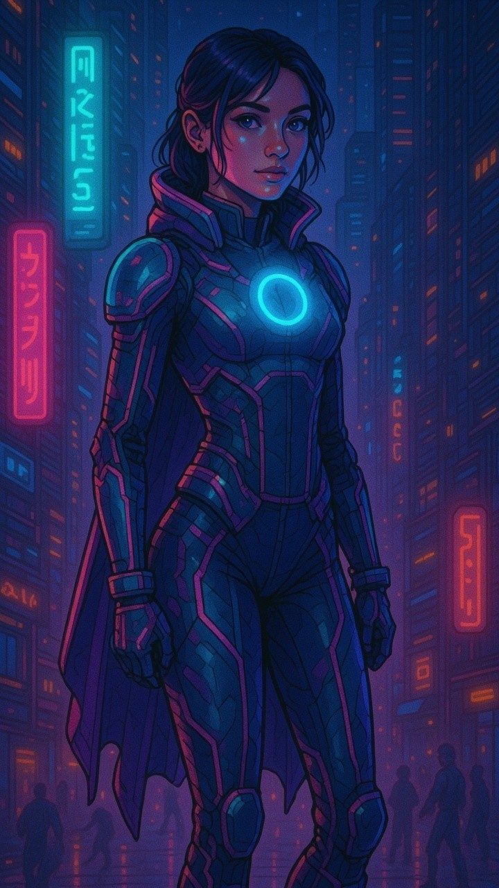 Cyberpunk Scene of Woman in High-Tech Suit Amid Neon City