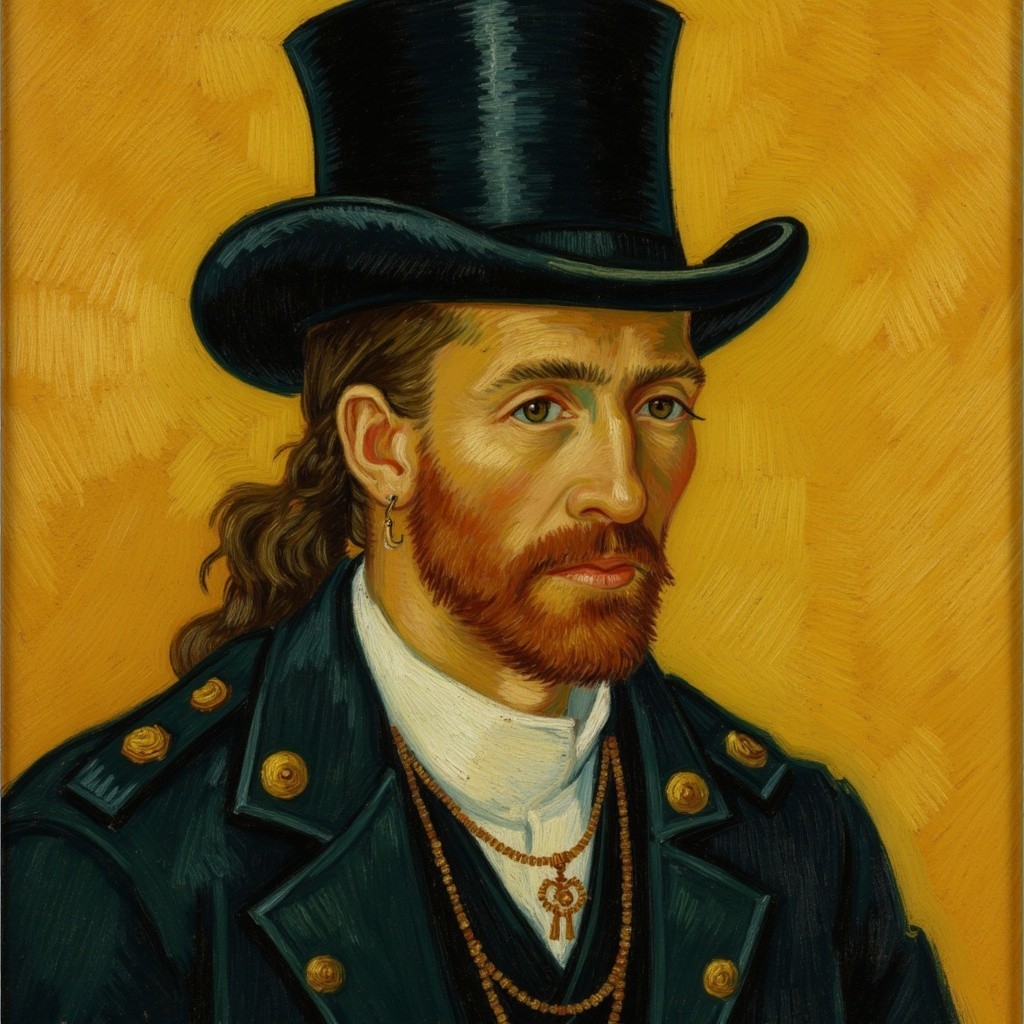 Man with Long Hair and Top Hat Against Yellow Background