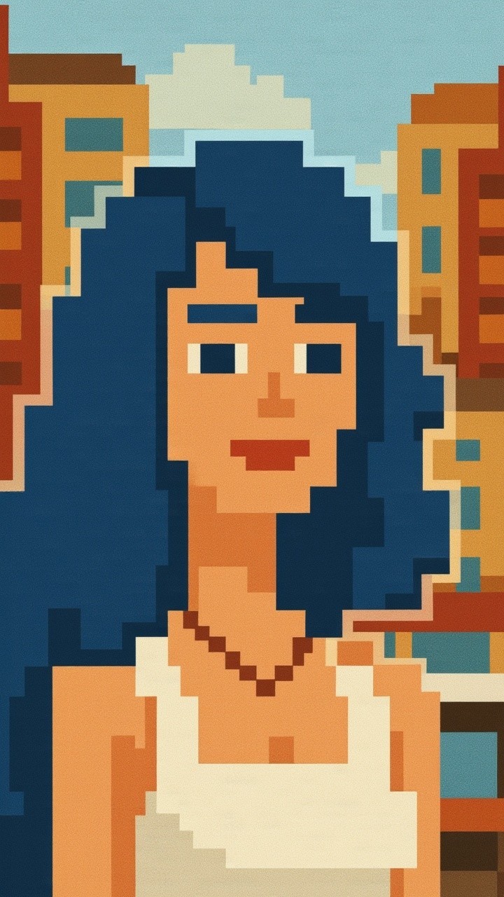 Pixel Art of Woman with Blue Hair and Playful Background