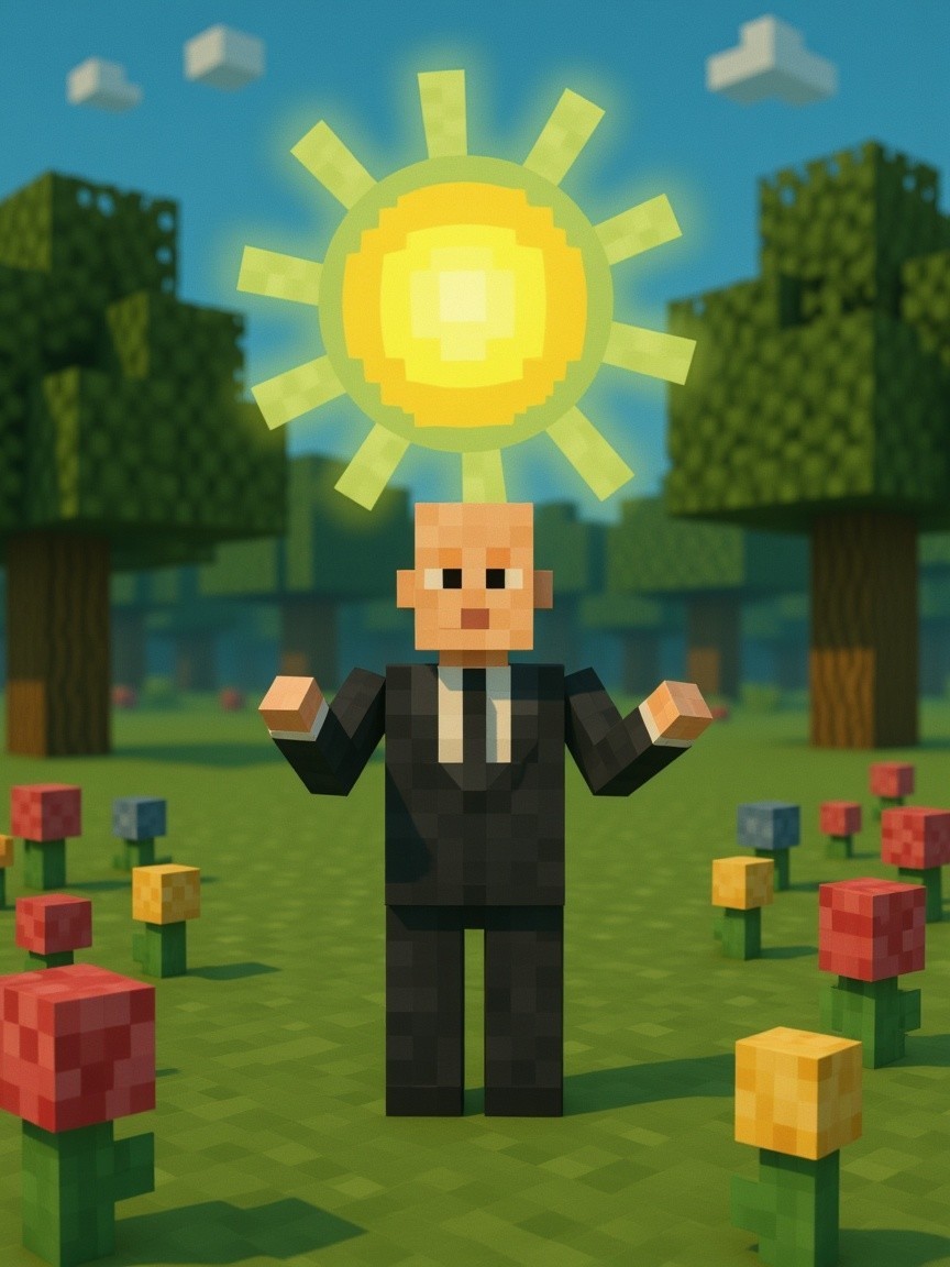 Pixelated Character in Vibrant Blocky Landscape