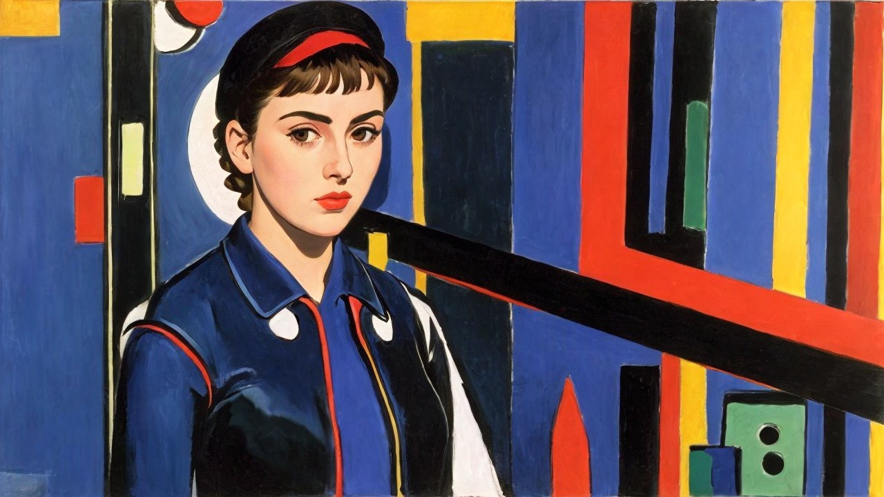 Young Woman in Navy Jacket Against Bold Background