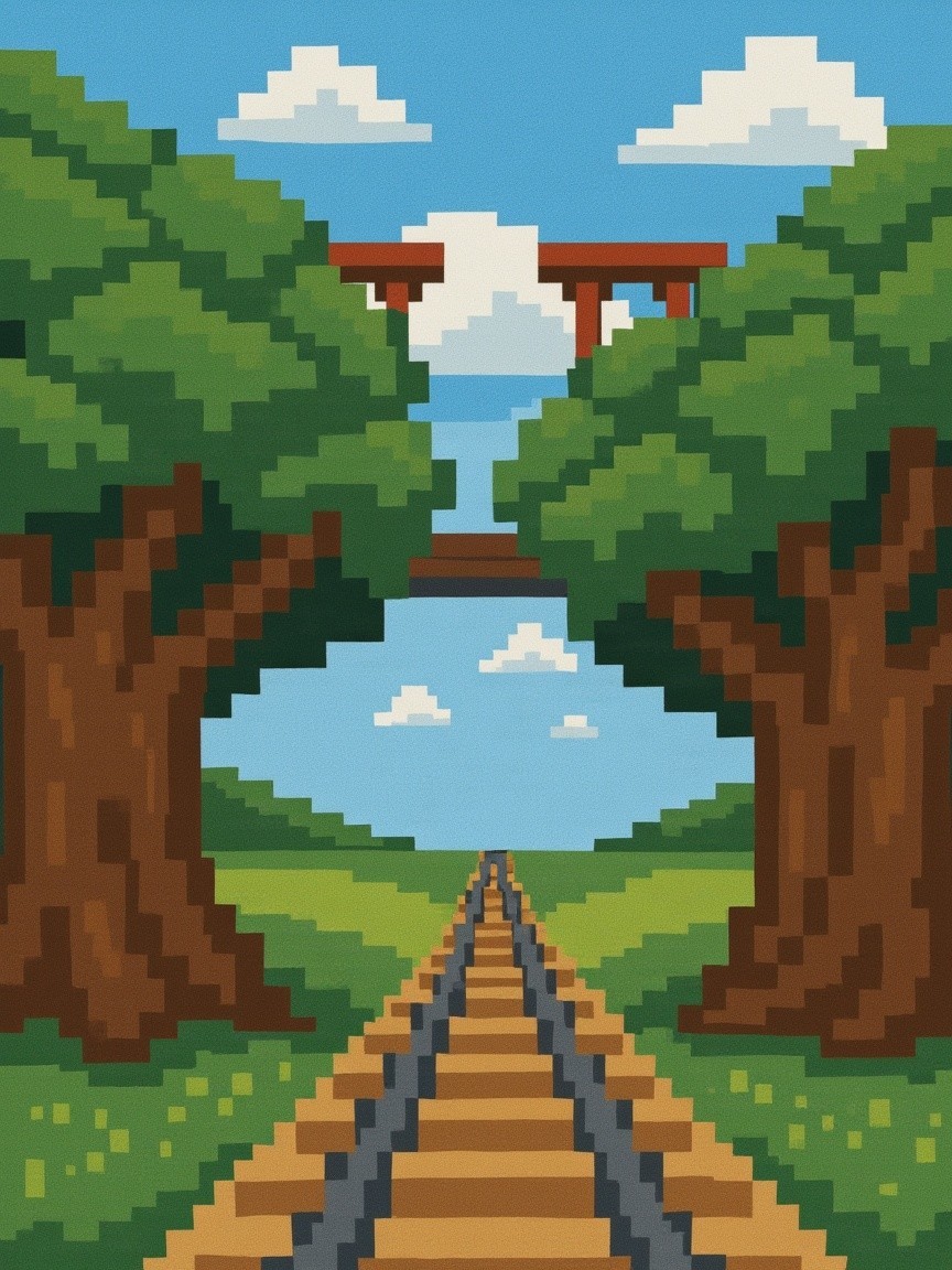 Vibrant Pixel-Art Landscape with Trees and Railway Track