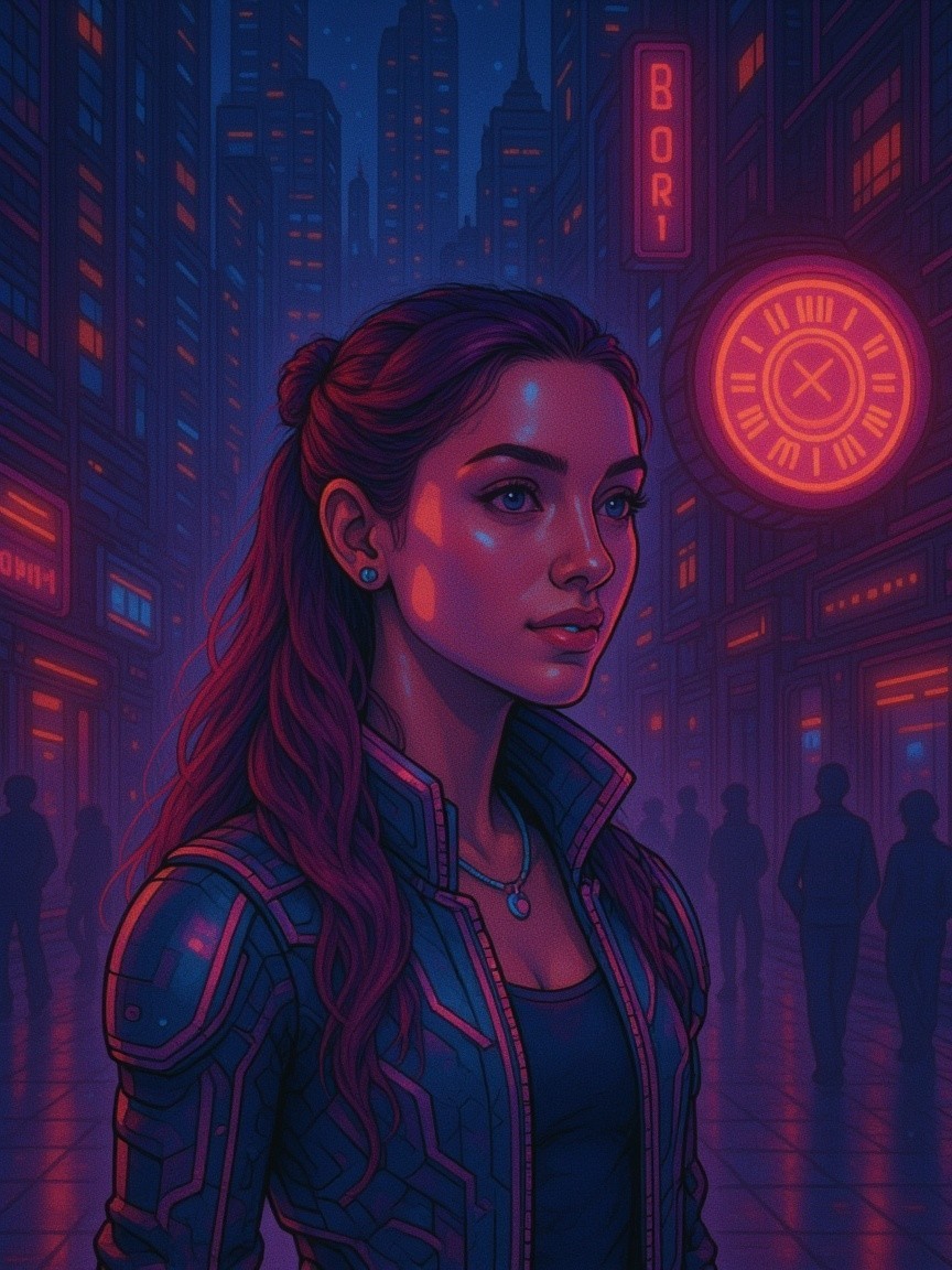 Young woman in futuristic neon-lit urban setting