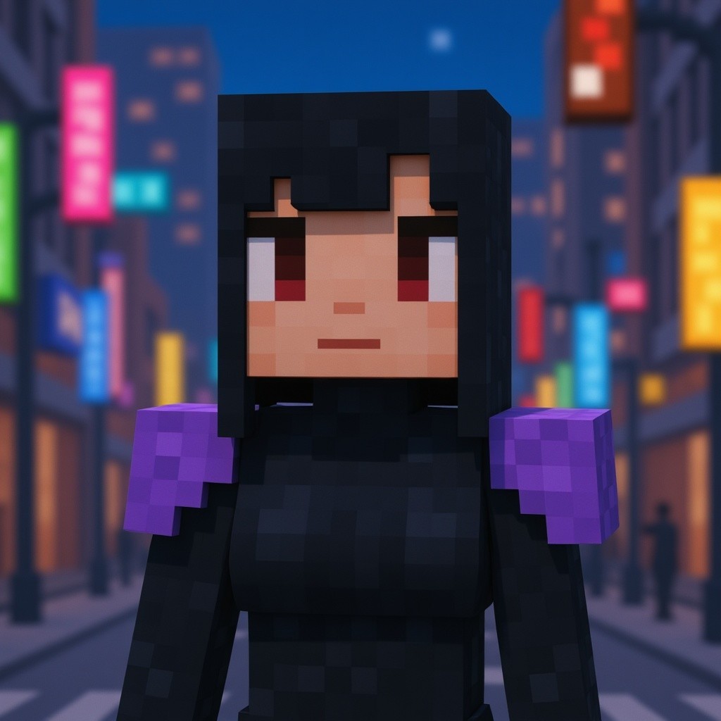 Pixelated Character in a Neon Cityscape Setting