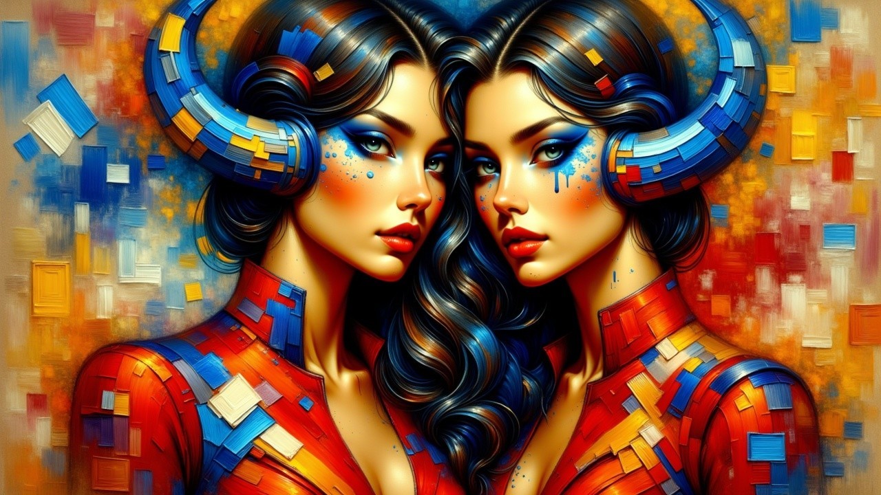 Women with Horns in Colorful Abstract Background