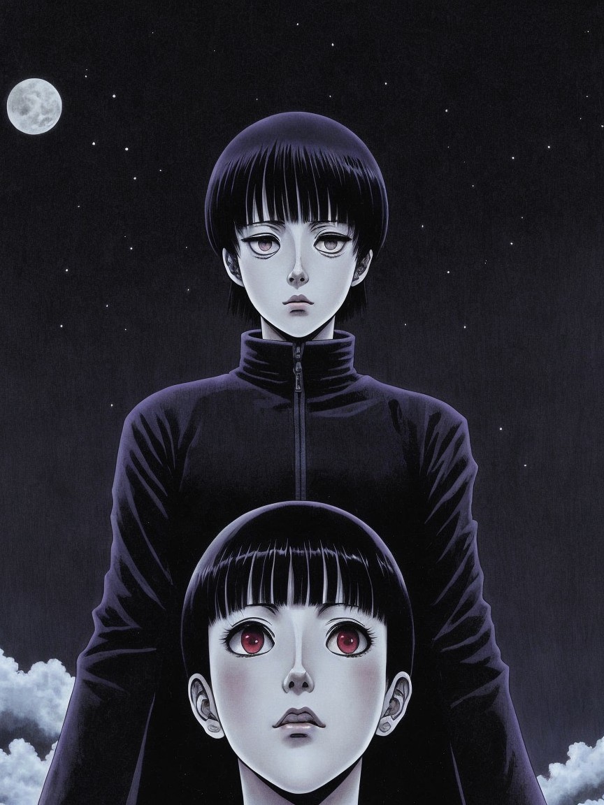 Figures in a Dark Starry Sky with Full Moon