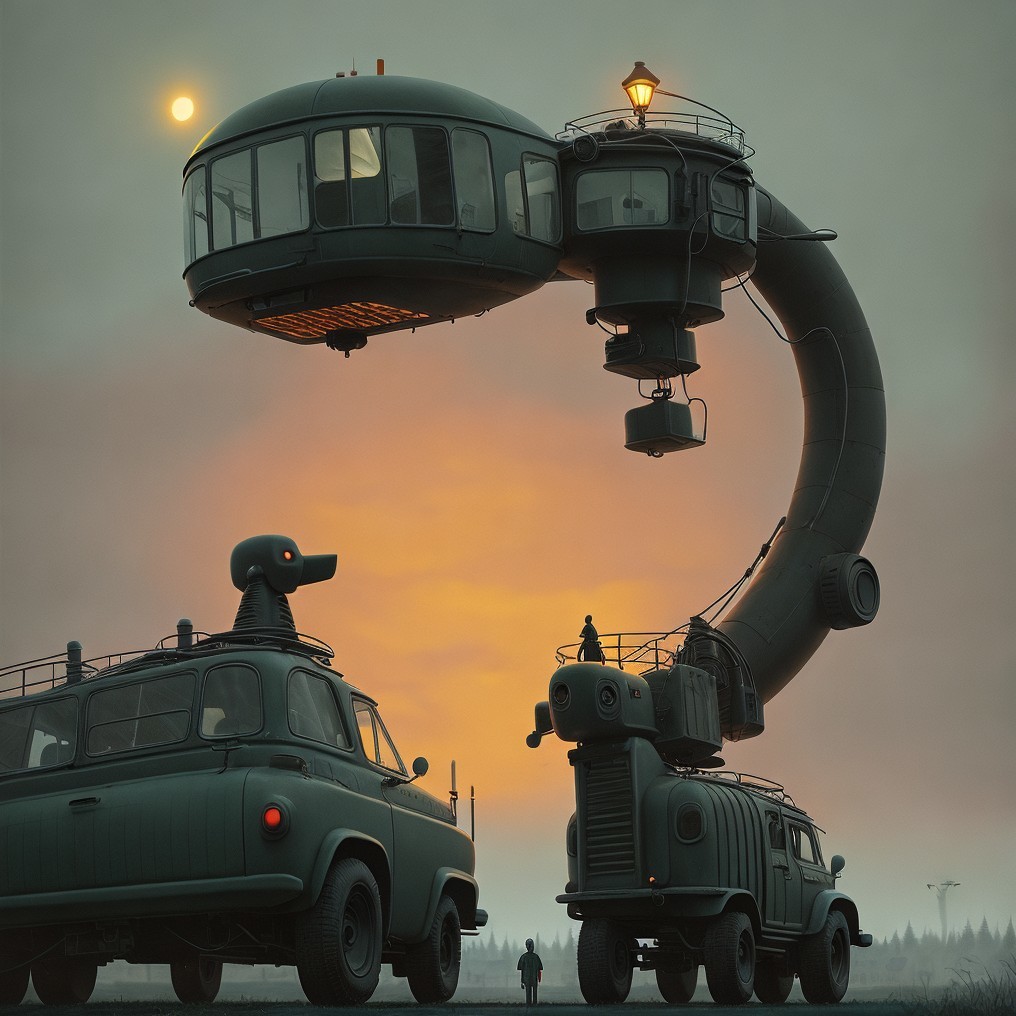 Surreal landscape with whimsical vintage vehicles and cabin