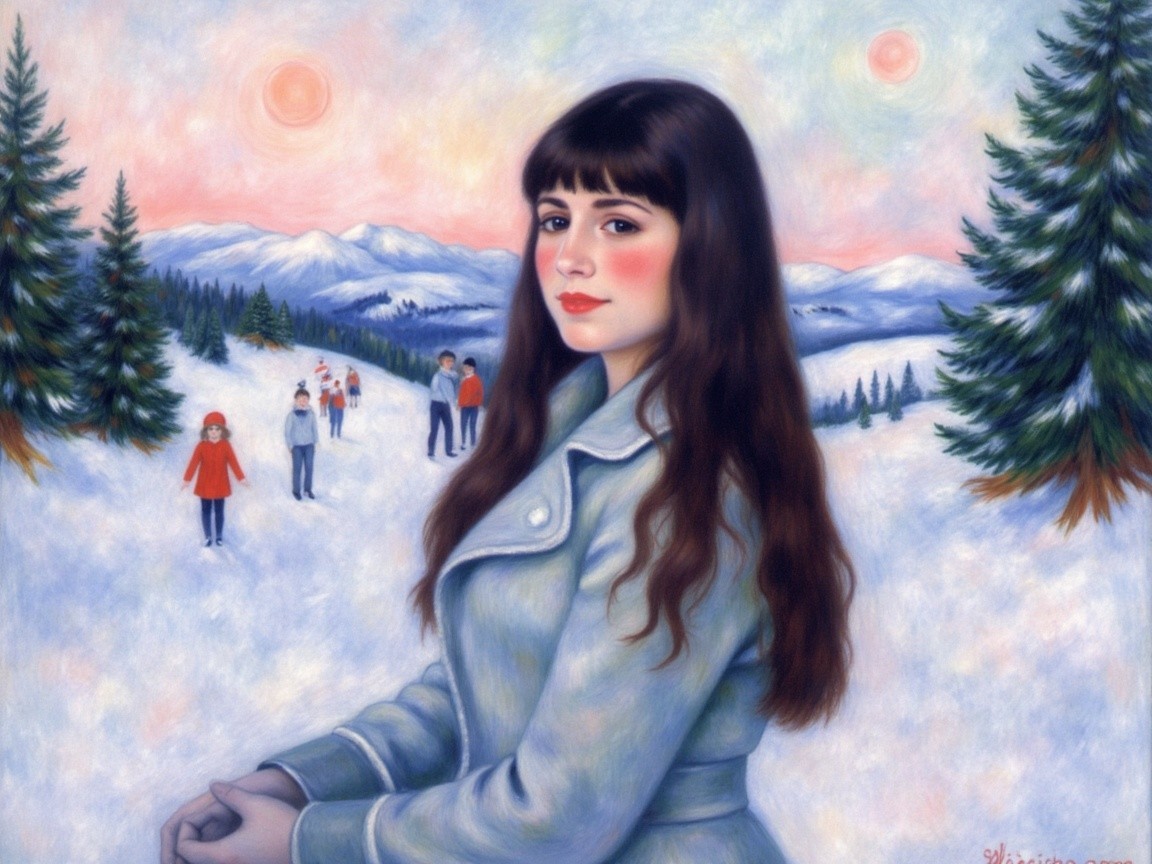 Young Woman in Blue Coat Against Snowy Landscape