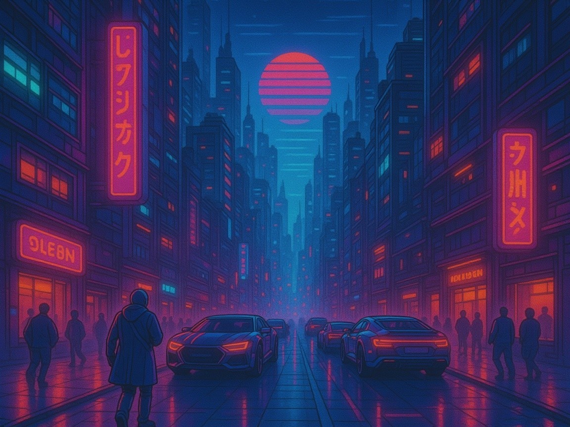 Vibrant Neon Cityscape with Skyscrapers and Sunset