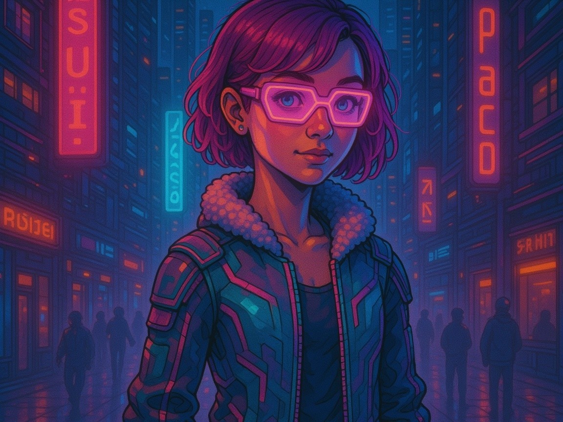 Girl with Magenta Hair in Cyberpunk City Portrait