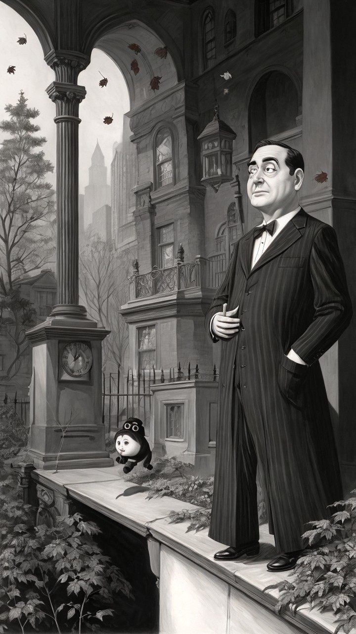 Man in Pinstripe Suit with Cartoon Owl on Balcony