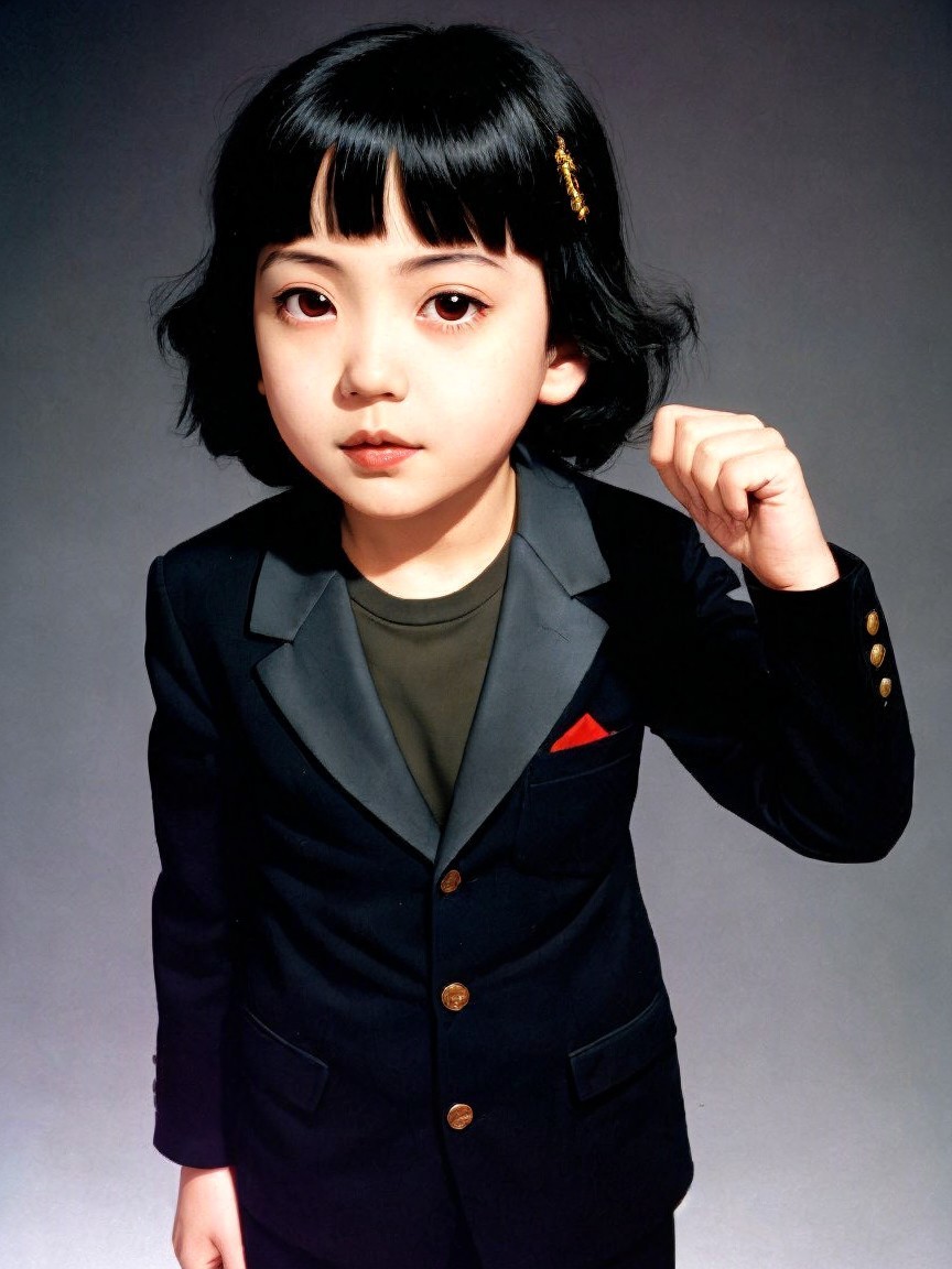 Young Child in Stylish Black Suit with Gray Lapel