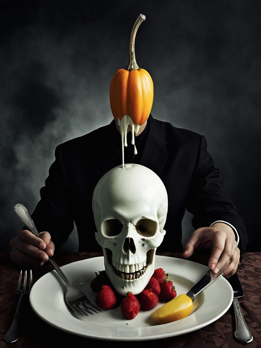 Surreal Dining Scene with Skull and Pumpkin Elements