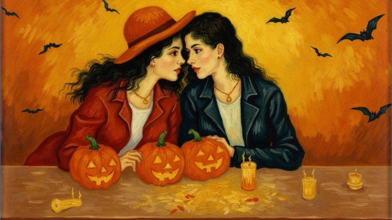 Vibrant Halloween Scene with Women and Pumpkins