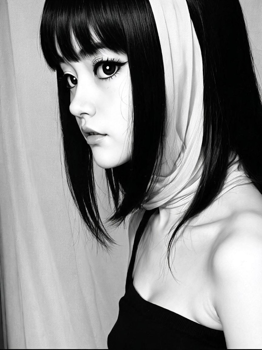 Black-and-white portrait of a young woman with scarf