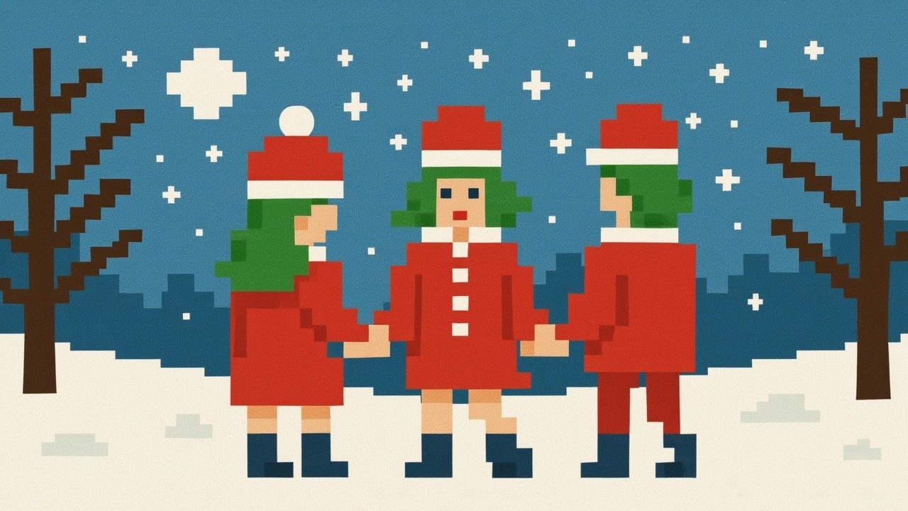 Pixel Art Figures in Snowy Winter Landscape