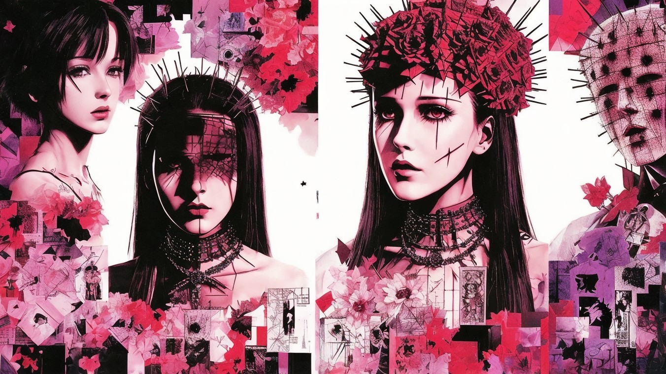 Surreal Artwork with Enigmatic Figures and Flowers