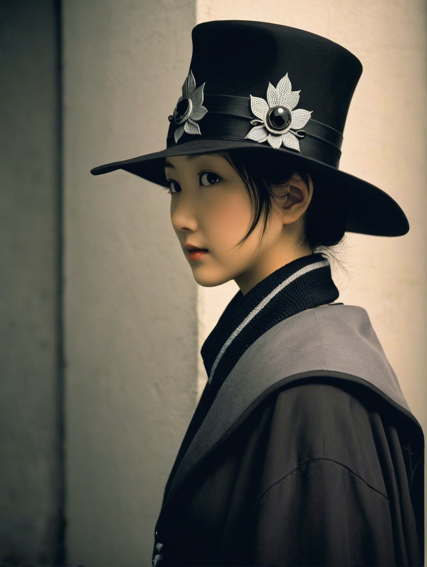 Young woman in black hat with floral accents in profile