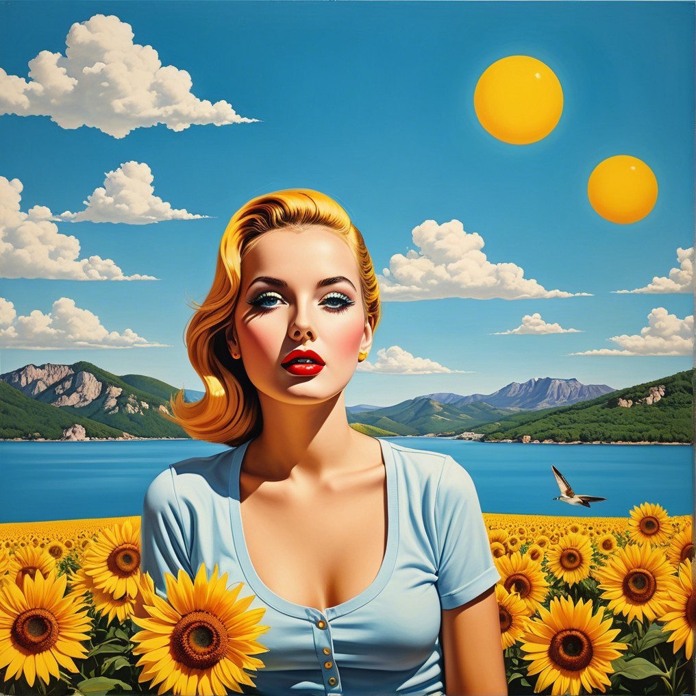 Glamorous Woman in Sunflower Field with Scenic Backdrop