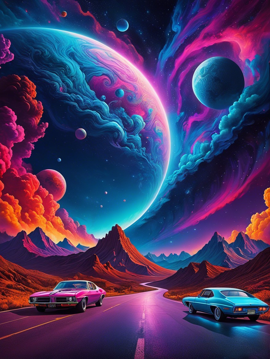 Vibrant Cosmic Landscape with Classic Cars and Mountains