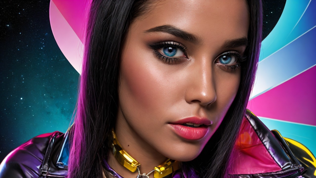 Close-up of a young woman with blue eyes and dramatic makeup