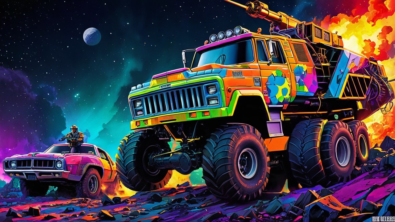 Vibrant Retro-Futuristic Truck in Cosmic Scene