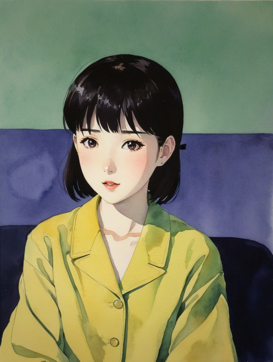 Young woman in yellow shirt against watercolor backdrop