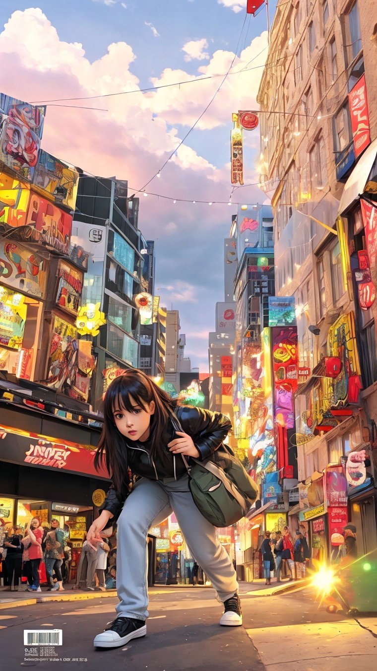 Young woman in vibrant urban scene at dusk