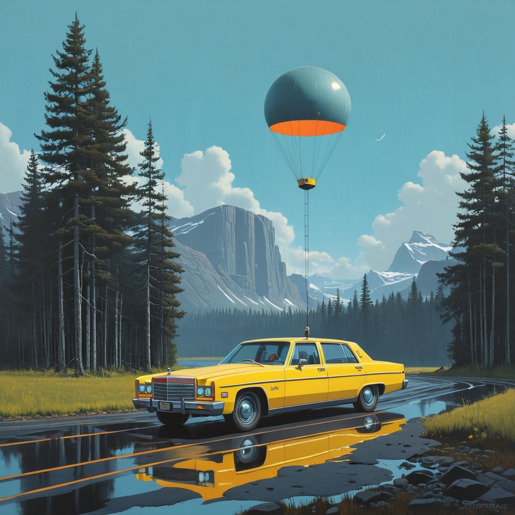 Vibrant Taxi on Reflective Road with Hot Air Balloon