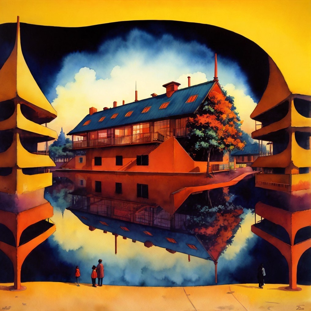 Surreal House by Tranquil Lake with Colorful Sky