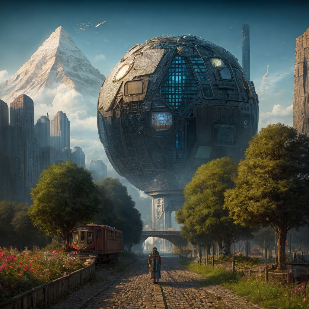 Futuristic cityscape with spherical structure and nature