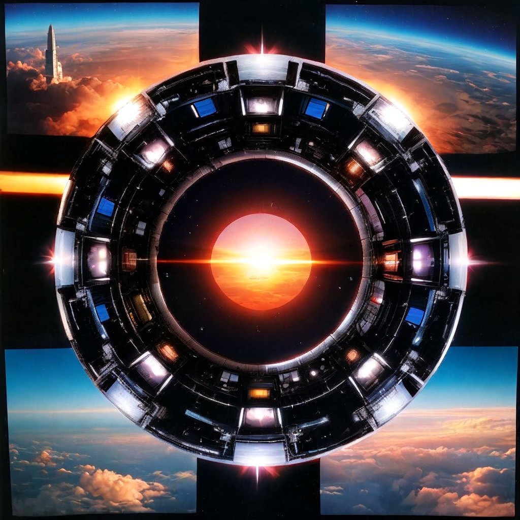 Futuristic Circular Structure with Earth and Rocket Launch