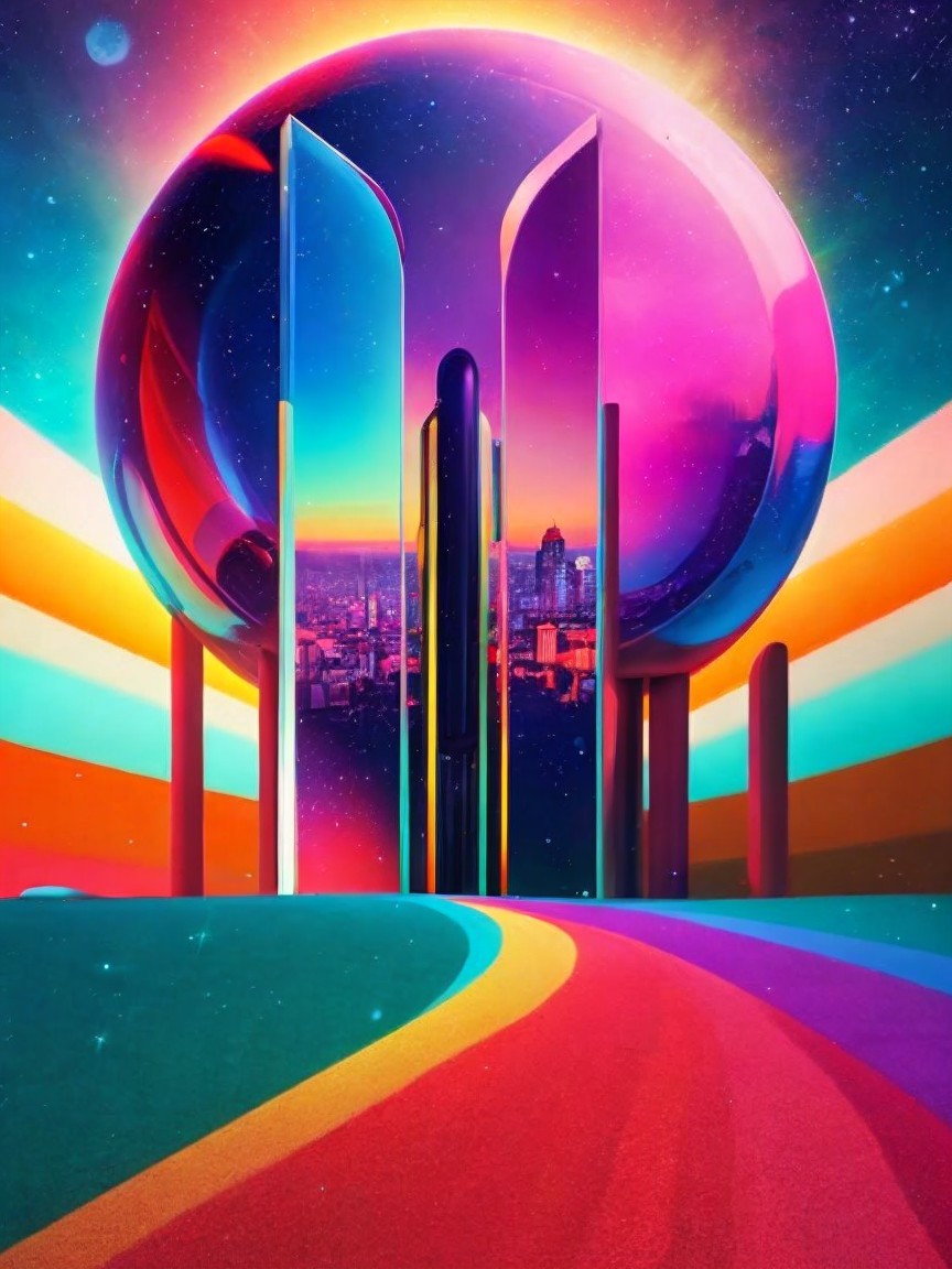 Surreal Landscape with Reflective Orb and Rainbow Pathway