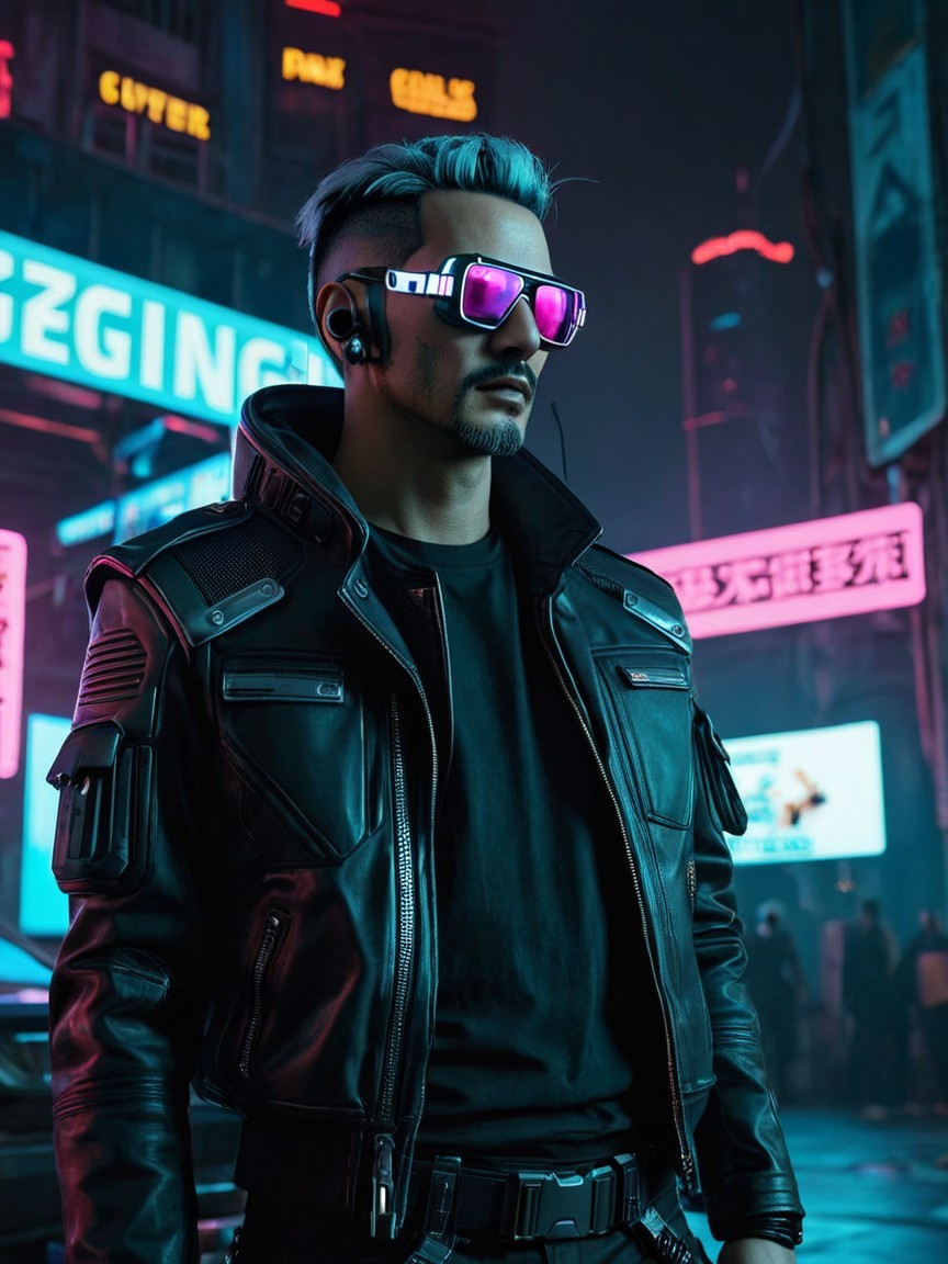 Futuristic Figure in Neon-Lit Cyberpunk Cityscape