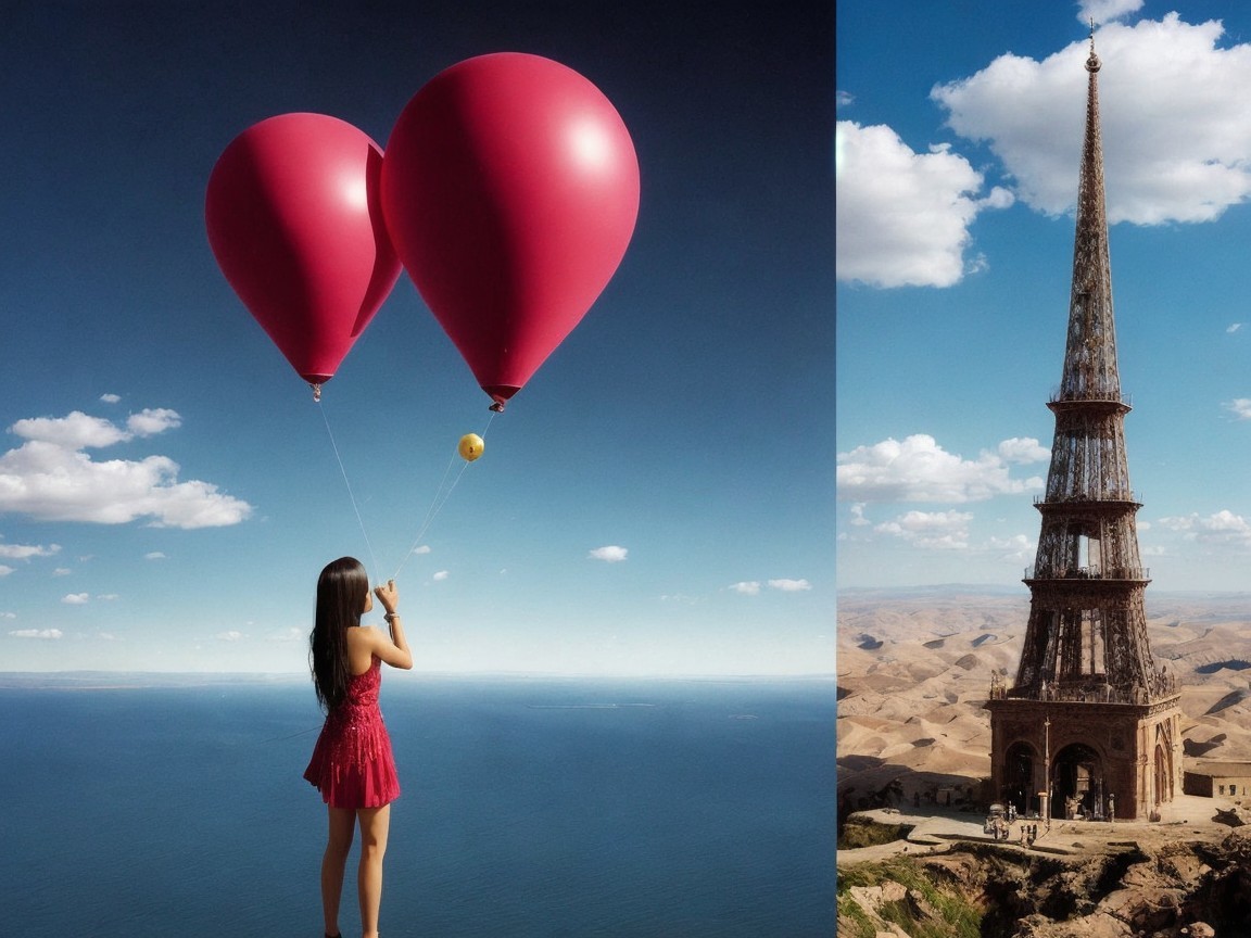 Girl in Red Dress with Balloons on Cliffside Landscape
