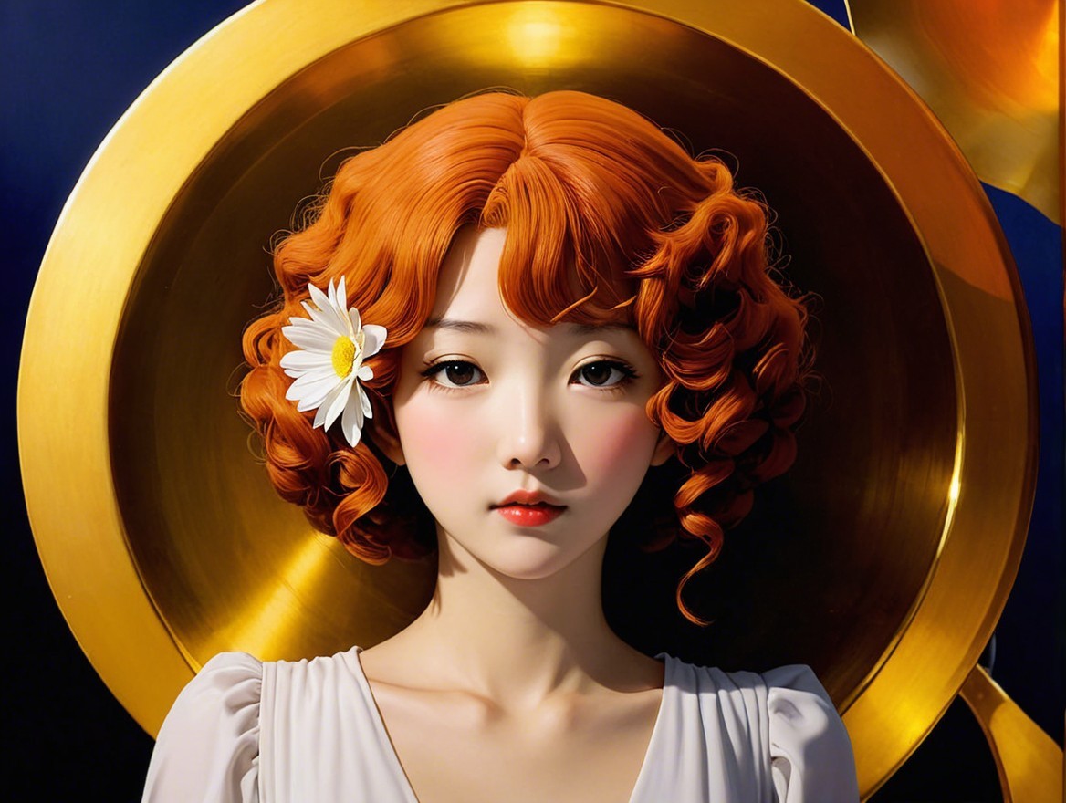 Young woman with orange hair and daisy in golden backdrop