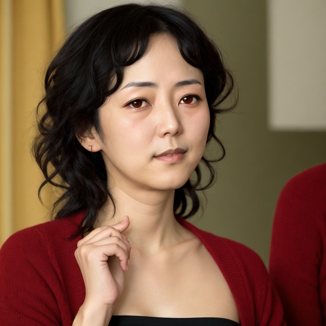 Medium Shot of East Asian Woman in Black and Red Outfit