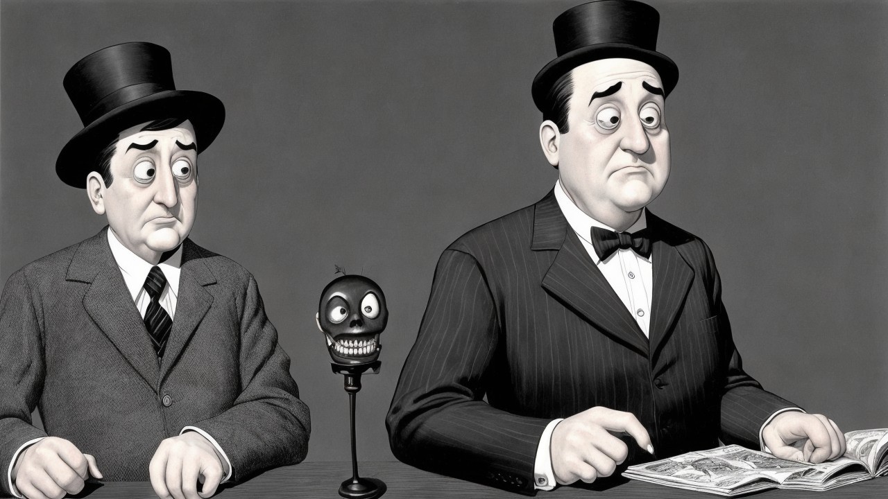Cartoon Characters with Skull in Tense Illustration