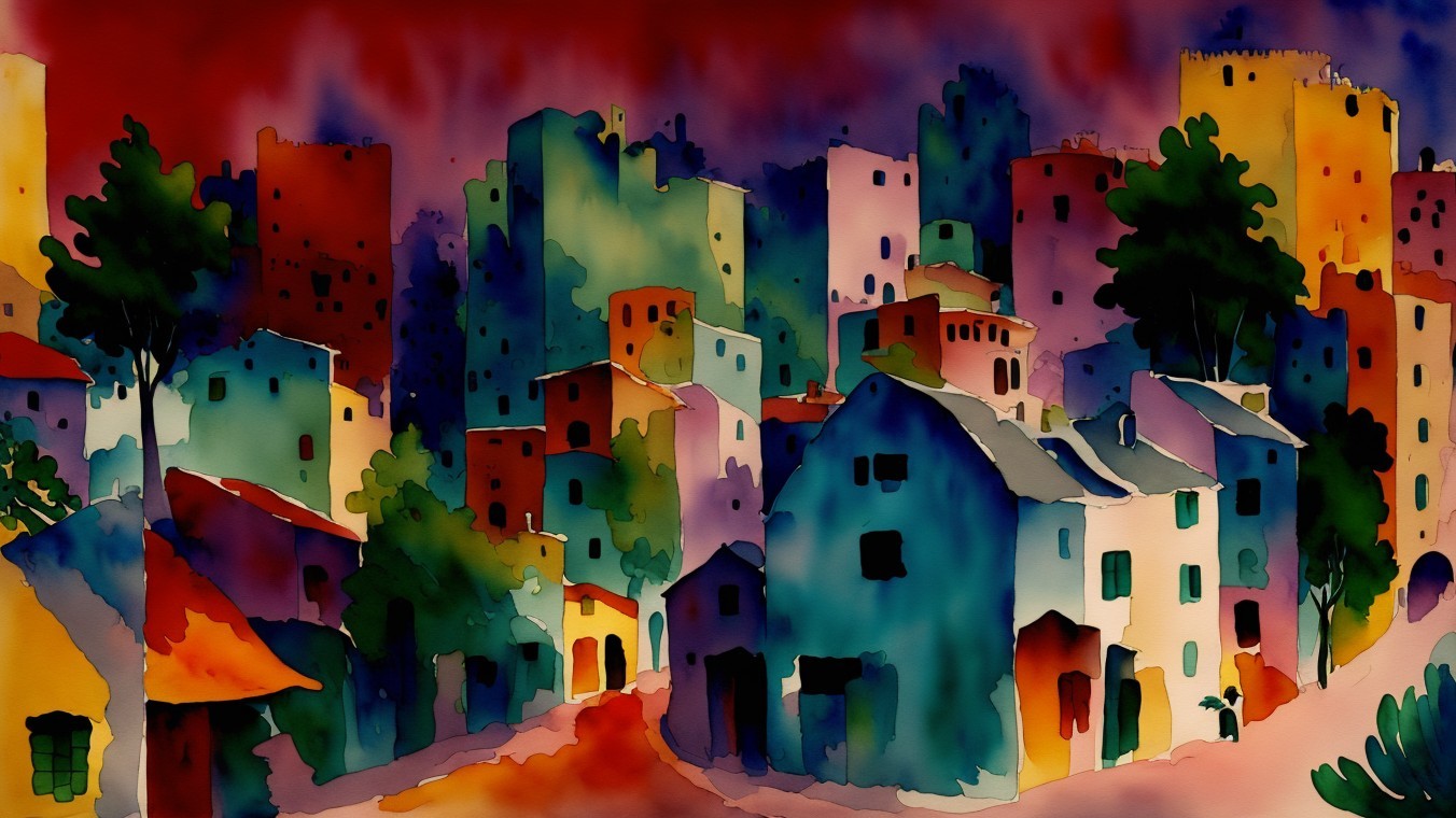 Whimsical Watercolor Landscape with Colorful Buildings