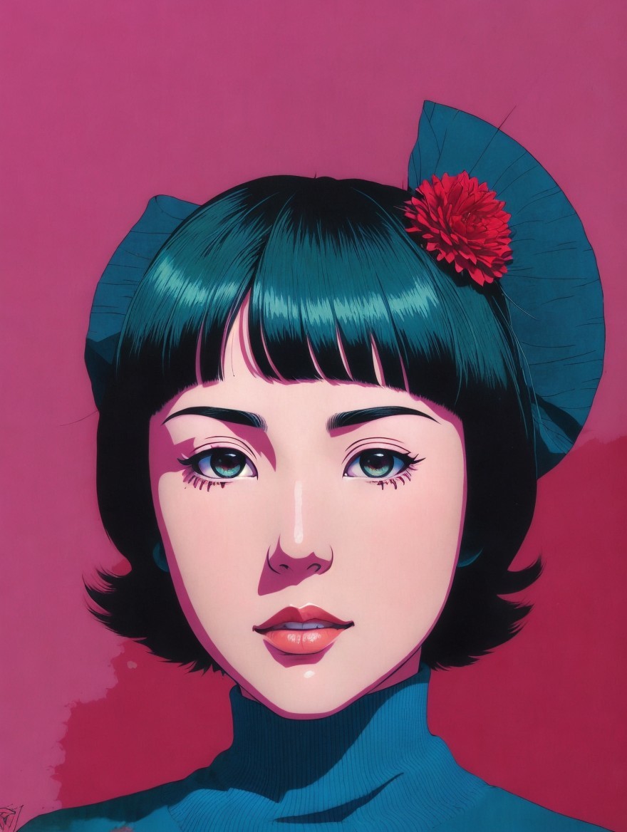 Stylized portrait of a young woman with striking features