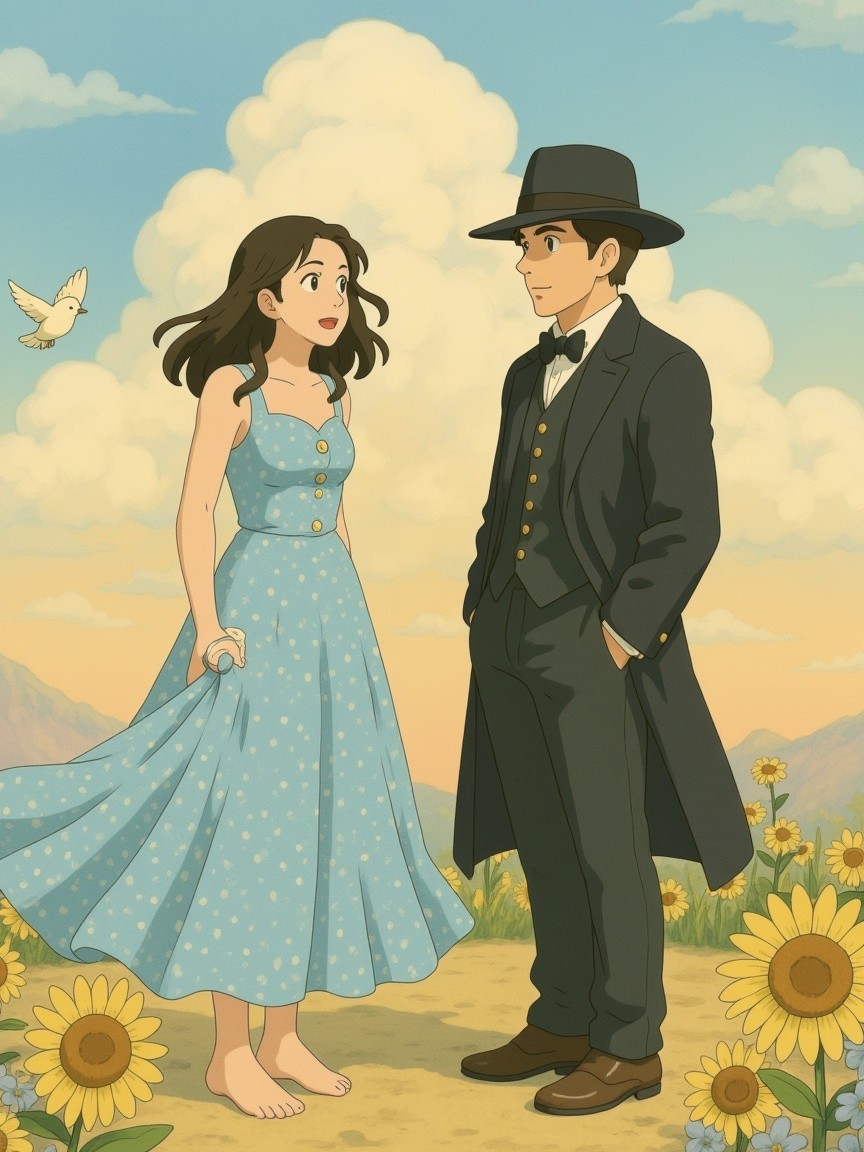 Young Woman in Blue Dress with Man in Black Suit