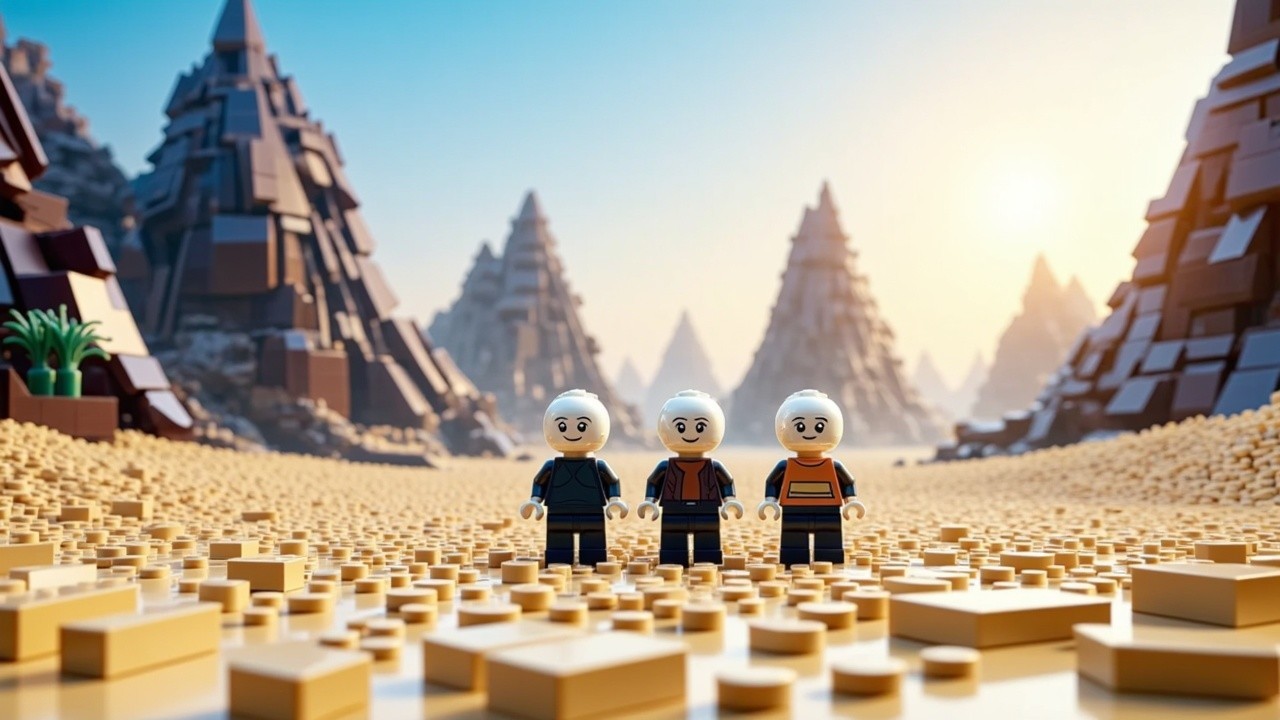 LEGO Figures in a Sandy Landscape with Mountains