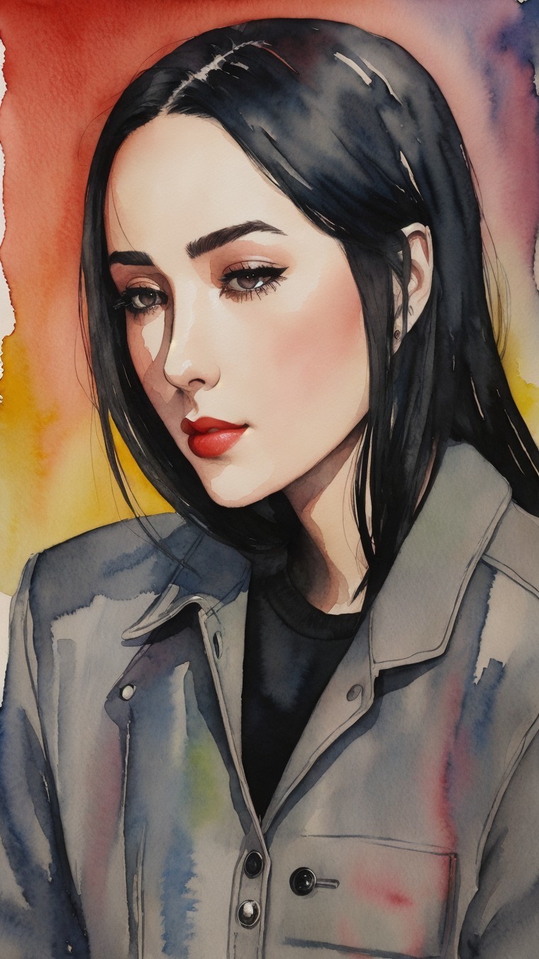 Watercolor Portrait of Woman in Gray Jacket