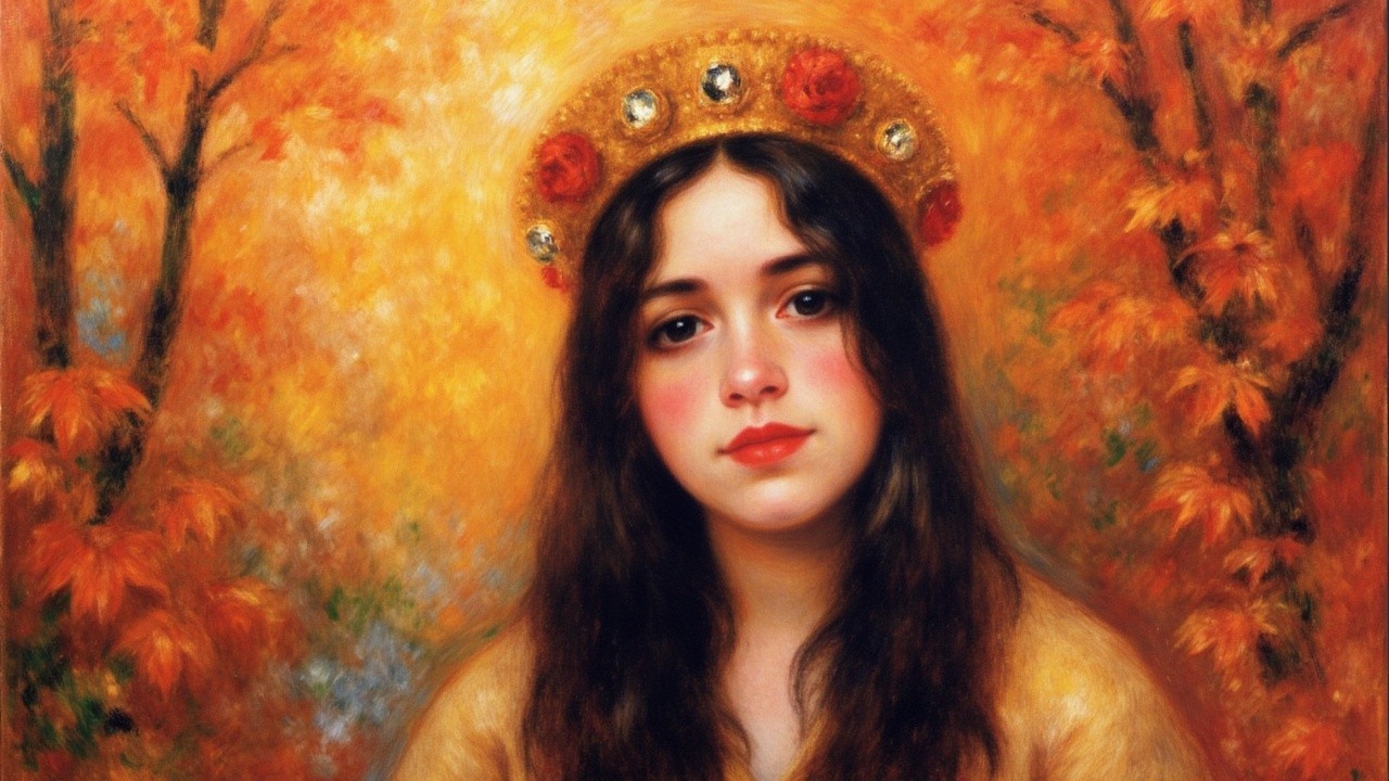 Young woman with crown and serene expression in warm tones