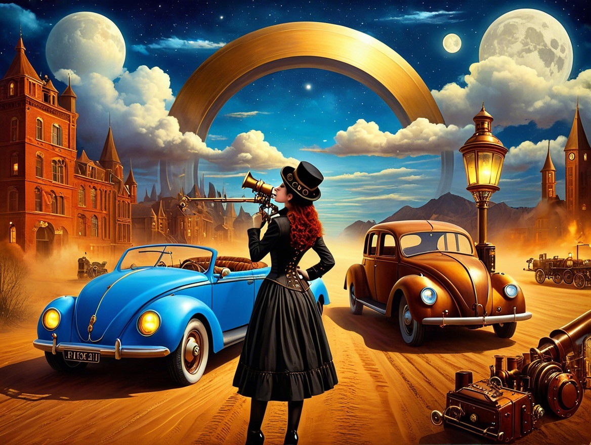 Whimsical Steampunk Landscape with Vintage Cars and Telescope