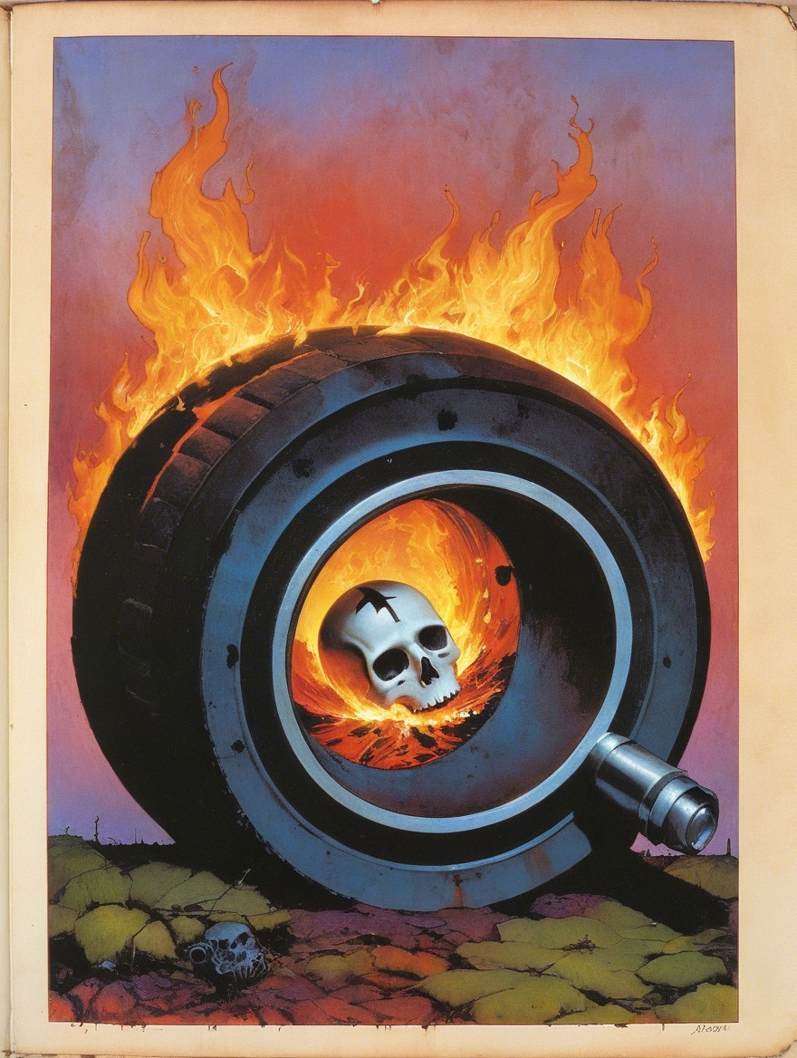 Black Tire with Flames and White Skull Inside