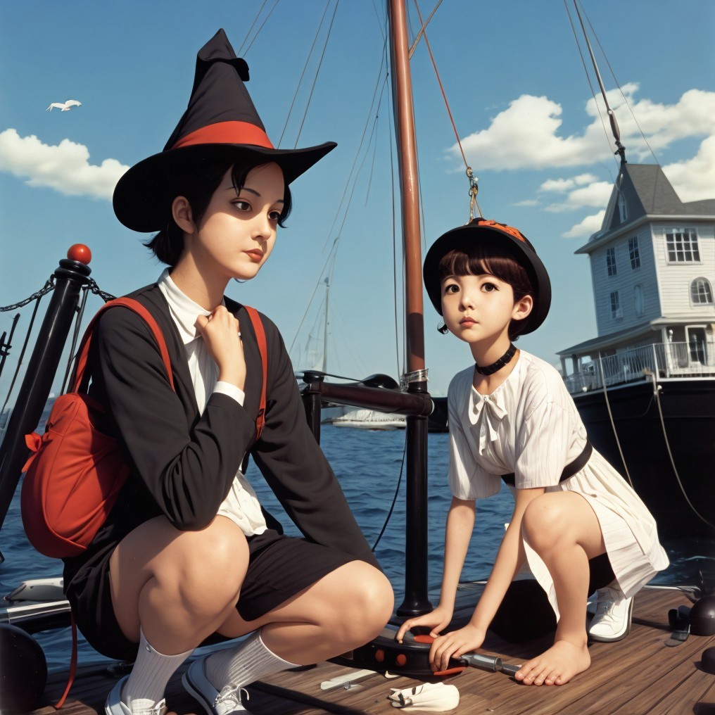 Young girls on dock with toy boat and serene backdrop