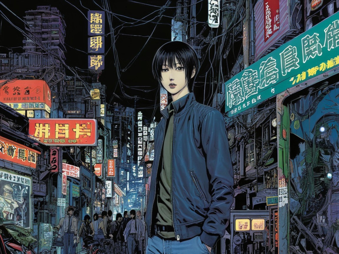Vibrant anime illustration of a woman in a city at night