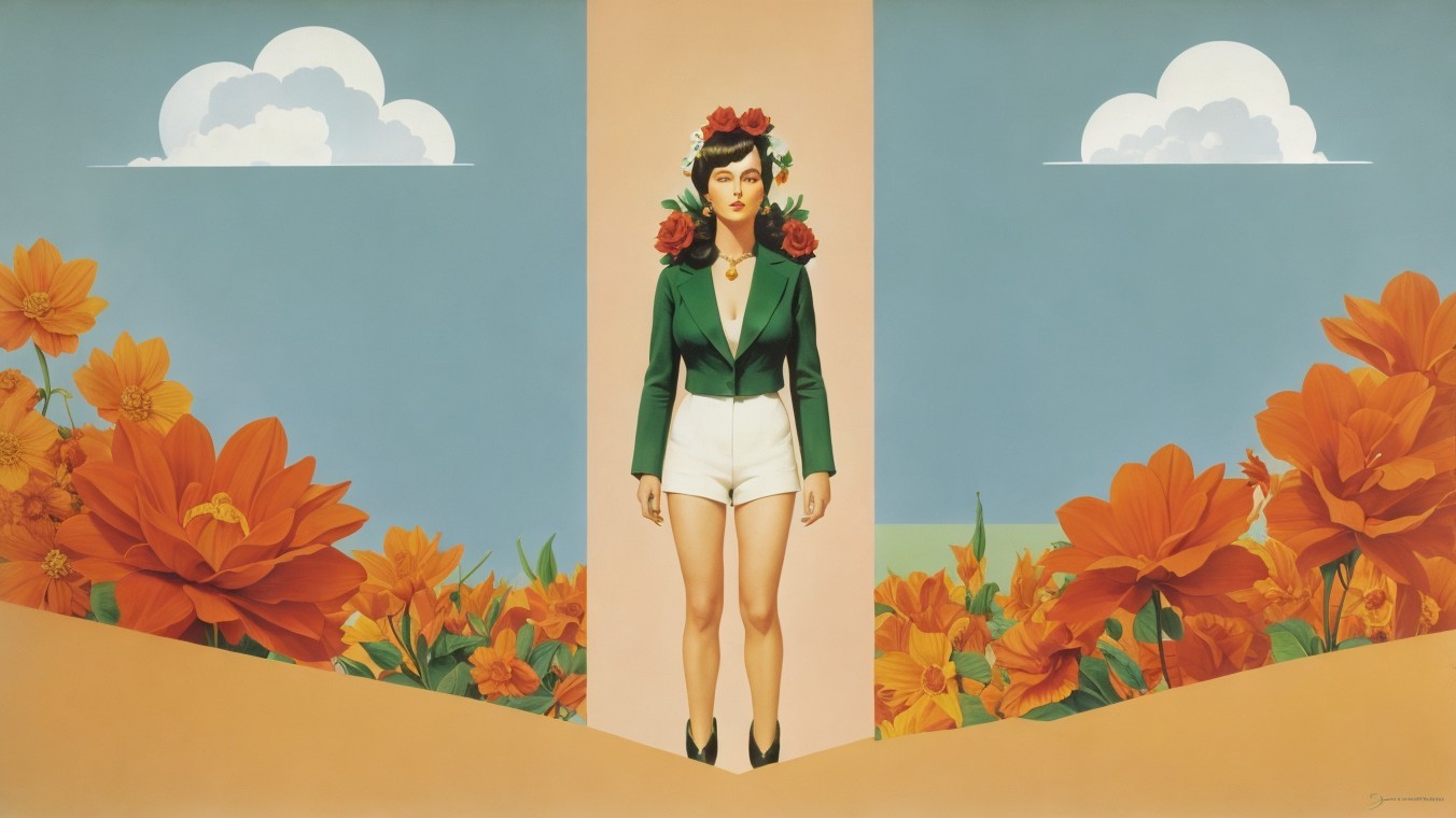 Woman in Green Blazer Against Vibrant Floral Background